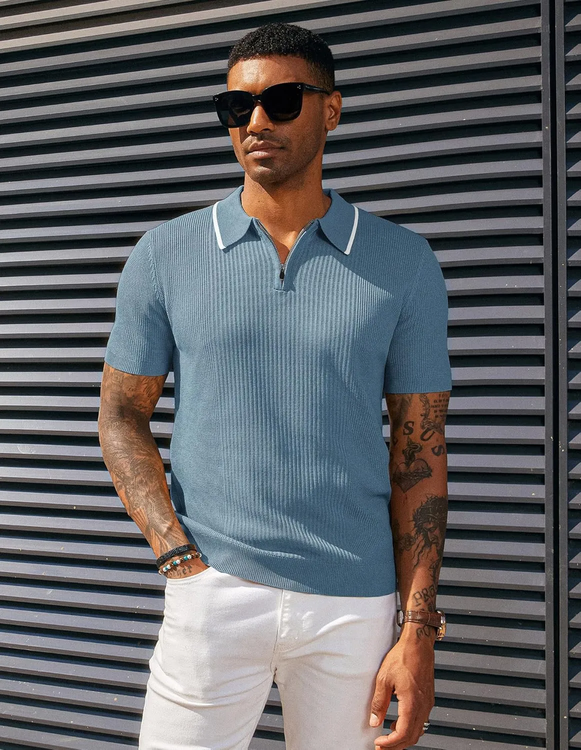 PJ PAUL JONES Men's Quarter Zip Polo Shirts Contrast Collar Knit Polo Shirt Short Sleeve Polos