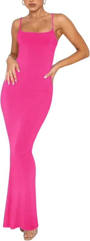 REORIA Women's Basic Sexy Lounge Slip Long Dress Elegant Sleeveless Backless Ribbed Bodycon Maxi Dresses