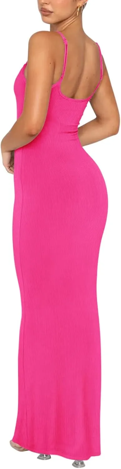 REORIA Women's Basic Sexy Lounge Slip Long Dress Elegant Sleeveless Backless Ribbed Bodycon Maxi Dresses
