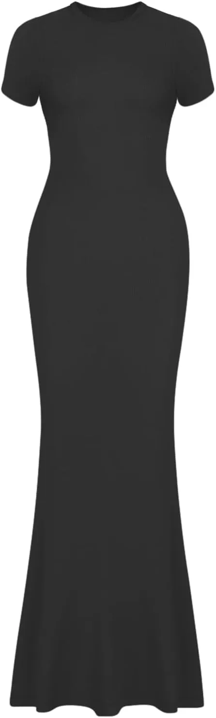 REORIA Women's Basic Summer Casual Lounge Long Dress Elegant Short Sleeve Crew Neck Bodycon Maxi Dresses