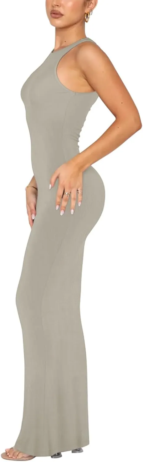 REORIA Women's Basic Summer Sexy Lounge Tank Long Dress Elegant Sleeveless Halter Neck Bodycon Maxi Dresses