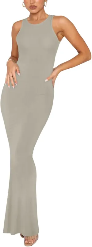 REORIA Women's Basic Summer Sexy Lounge Tank Long Dress Elegant Sleeveless Halter Neck Bodycon Maxi Dresses