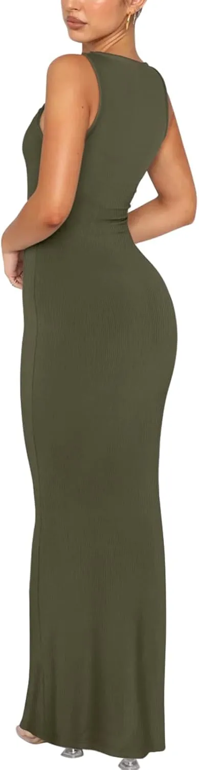REORIA Women's Basic Summer Sexy Lounge Tank Long Dress Elegant Sleeveless Halter Neck Bodycon Maxi Dresses