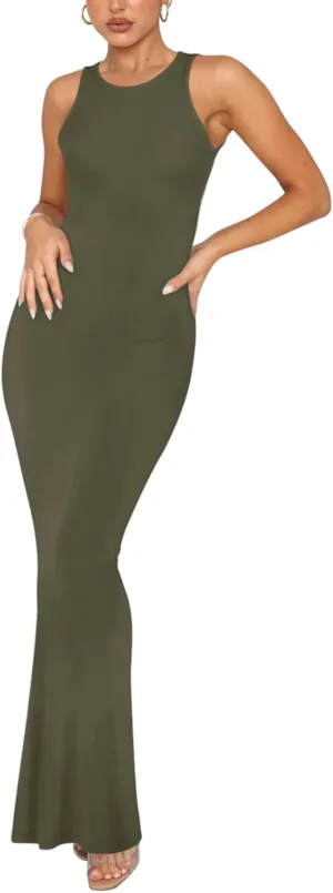 REORIA Women's Basic Summer Sexy Lounge Tank Long Dress Elegant Sleeveless Halter Neck Bodycon Maxi Dresses