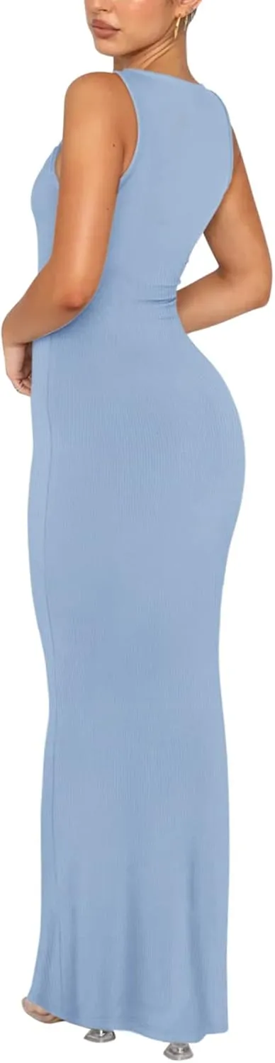 REORIA Women's Basic Summer Sexy Lounge Tank Long Dress Elegant Sleeveless Halter Neck Bodycon Maxi Dresses