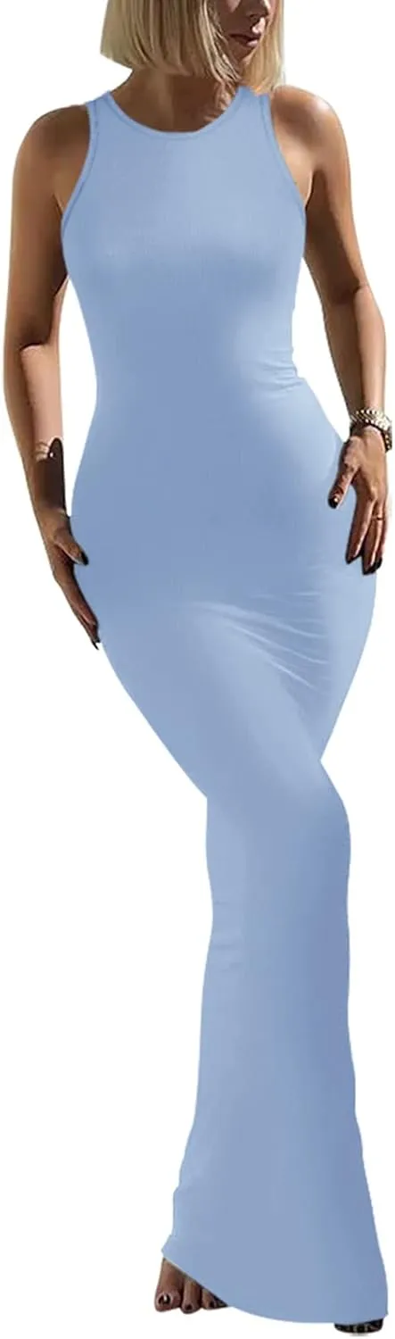 REORIA Women's Basic Summer Sexy Lounge Tank Long Dress Elegant Sleeveless Halter Neck Bodycon Maxi Dresses