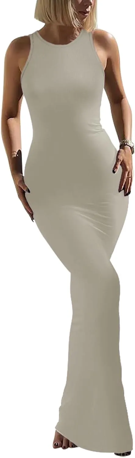 REORIA Women's Basic Summer Sexy Lounge Tank Long Dress Elegant Sleeveless Halter Neck Bodycon Maxi Dresses