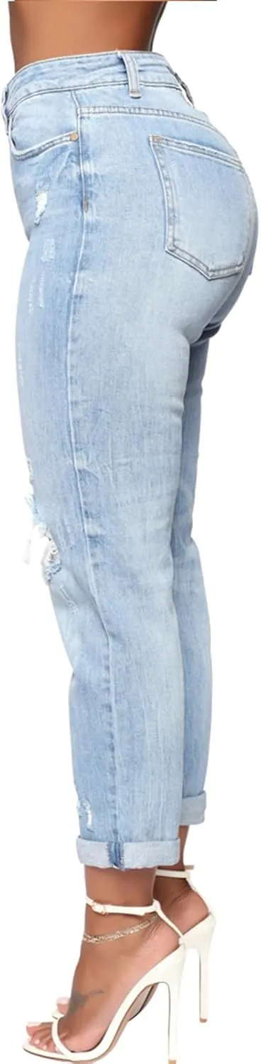 SheKiss Boyfriend Stretchy Jeans for Women - Distressed Frayed High Waisted Trendy Denim Blue Jeans