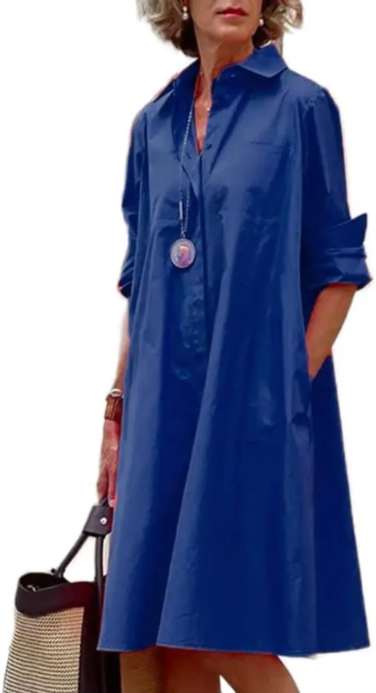 Shirt Dress for Women Casual Print Linen T Shirt Dress Summer V Neck Loose Long Sleeve Button Maxi Collared Dress