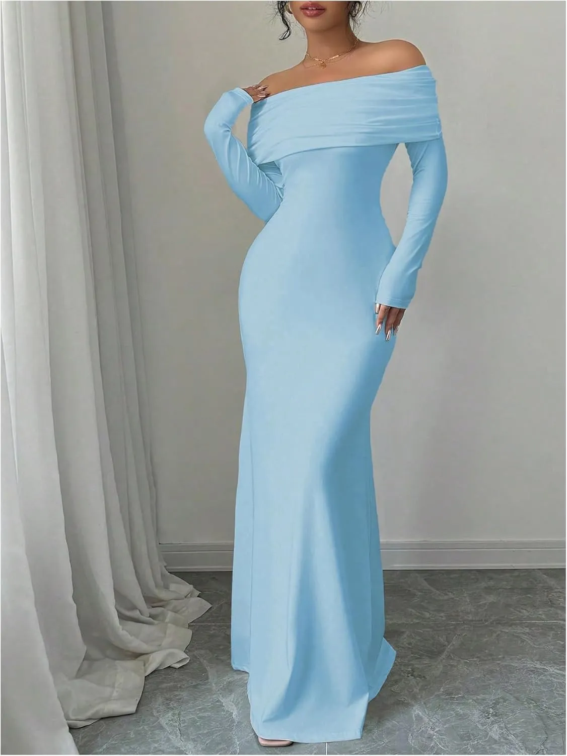 SOLY HUX Women's Long Sleeve Off The Shoulder Bodycon Dress Elegant Maxi Dress Cocktail Prom Dresses