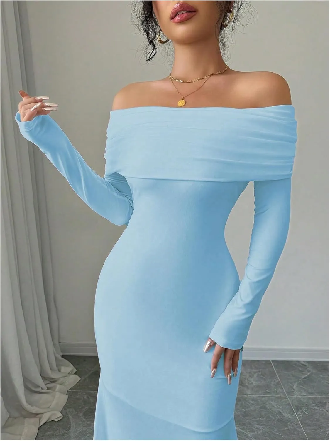 SOLY HUX Women's Long Sleeve Off The Shoulder Bodycon Dress Elegant Maxi Dress Cocktail Prom Dresses