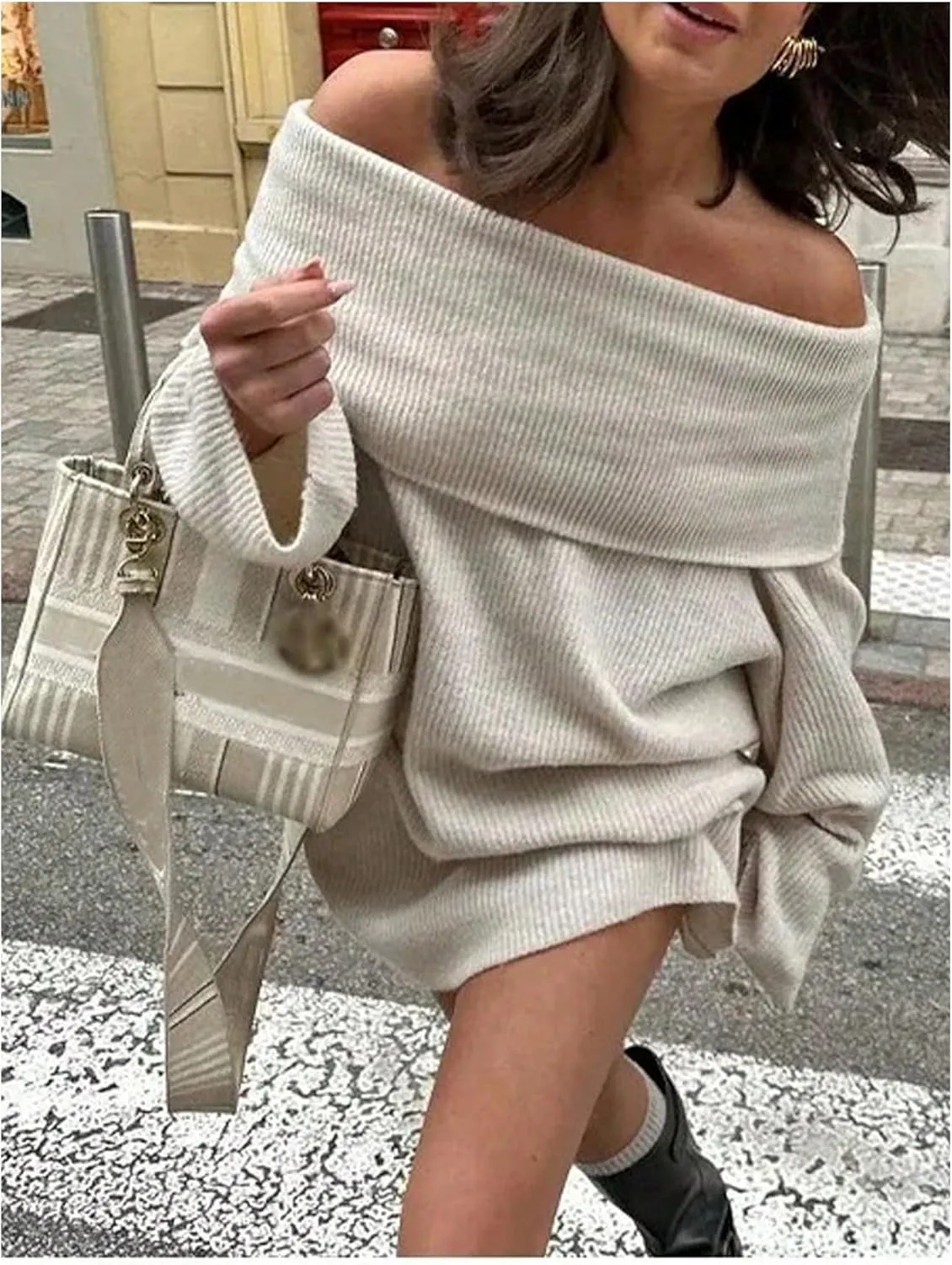 SOLY HUX Women's Off The Shoulder Sweater Dress Long Sleeve Knit Loose Mini Dresses