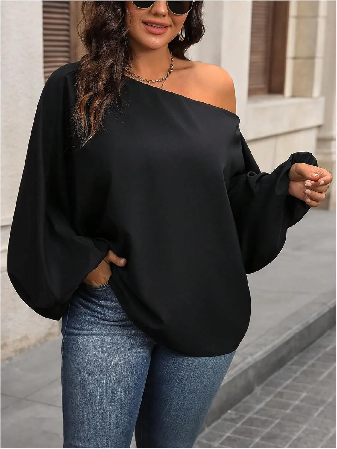 SOLY HUX Women's Plus Size Tops Off The Shoulder Bishop Long Sleeve Asymmetrical Neck Loose Blouse