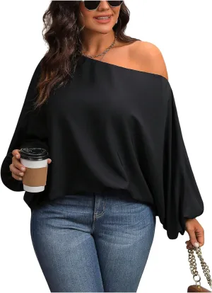SOLY HUX Women's Plus Size Tops Off The Shoulder Bishop Long Sleeve Asymmetrical Neck Loose Blouse