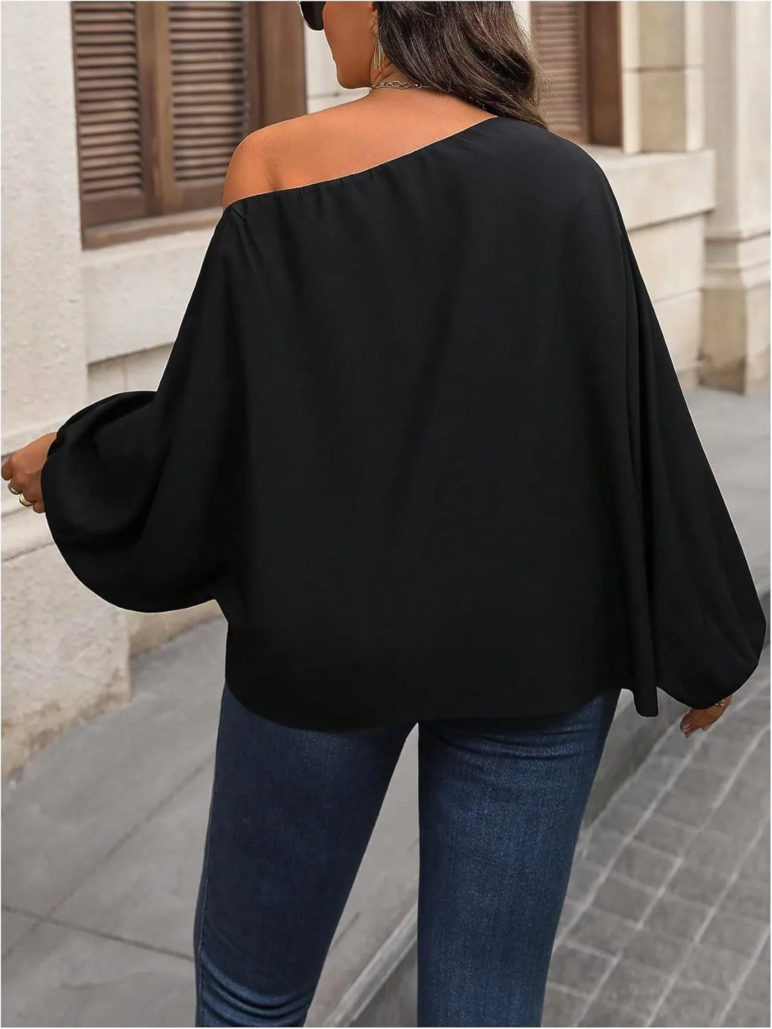 SOLY HUX Women's Plus Size Tops Off The Shoulder Bishop Long Sleeve Asymmetrical Neck Loose Blouse