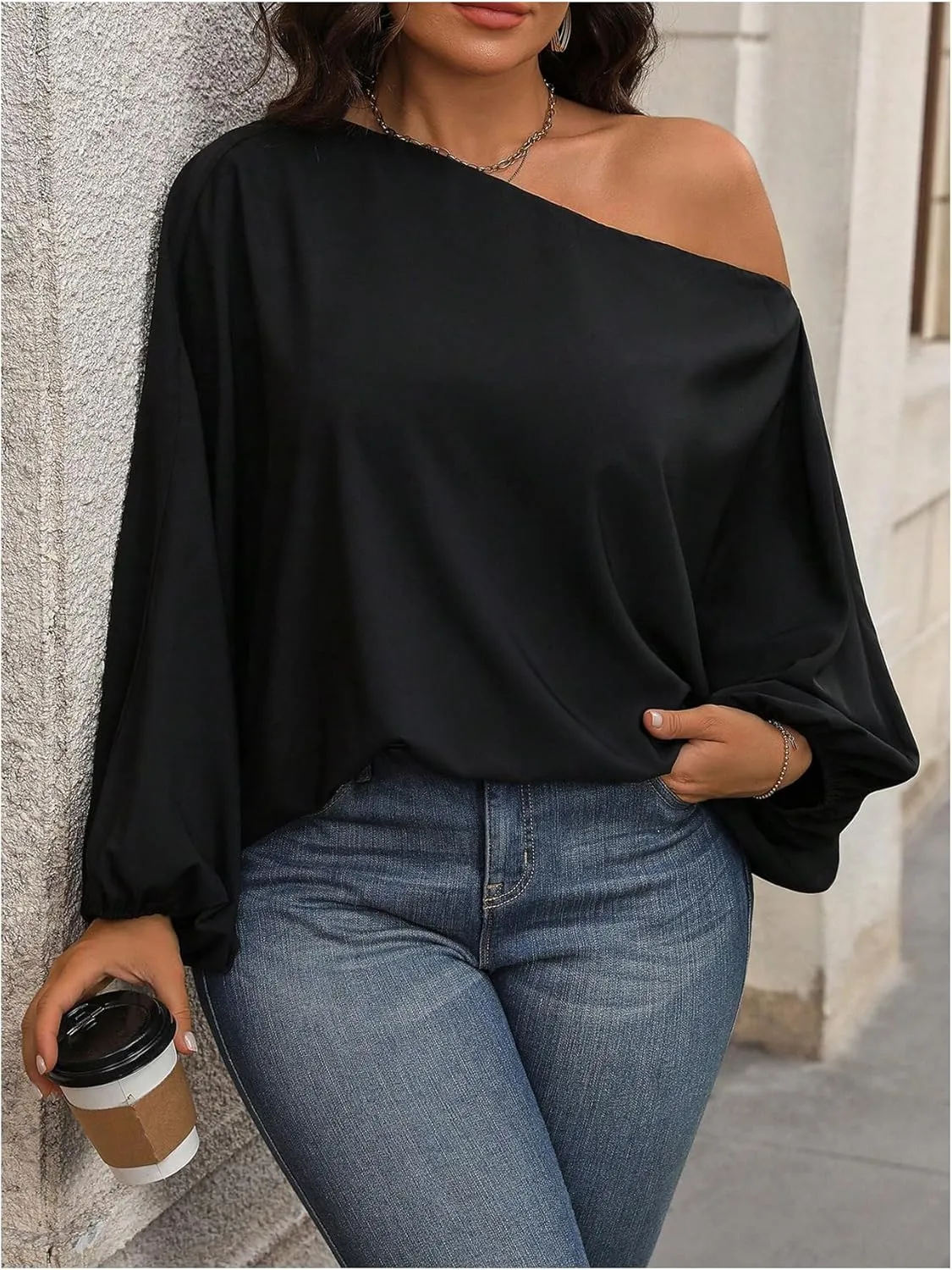 SOLY HUX Women's Plus Size Tops Off The Shoulder Bishop Long Sleeve Asymmetrical Neck Loose Blouse
