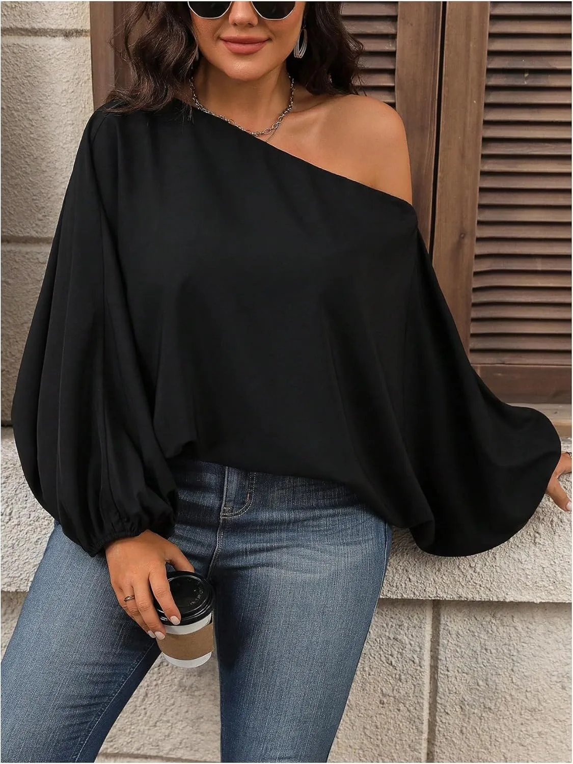 SOLY HUX Women's Plus Size Tops Off The Shoulder Bishop Long Sleeve Asymmetrical Neck Loose Blouse
