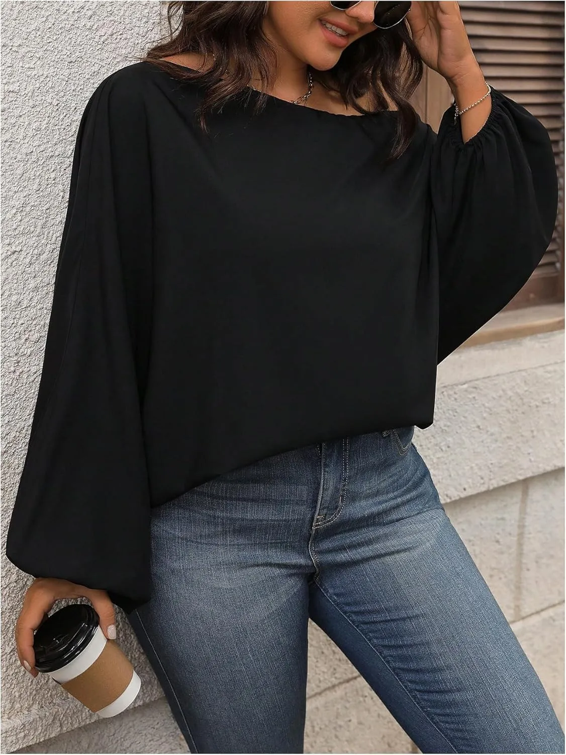 SOLY HUX Women's Plus Size Tops Off The Shoulder Bishop Long Sleeve Asymmetrical Neck Loose Blouse