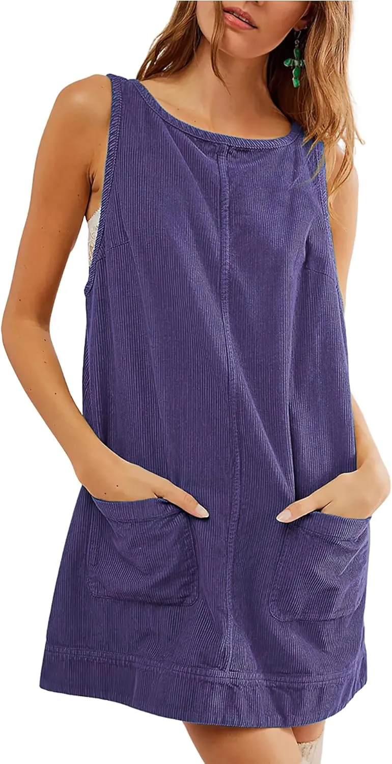 TBA Corduroy Overall Dress for Women Round Neck Skirtall Jumper A Line Mini Romper Pinafore with Pockets