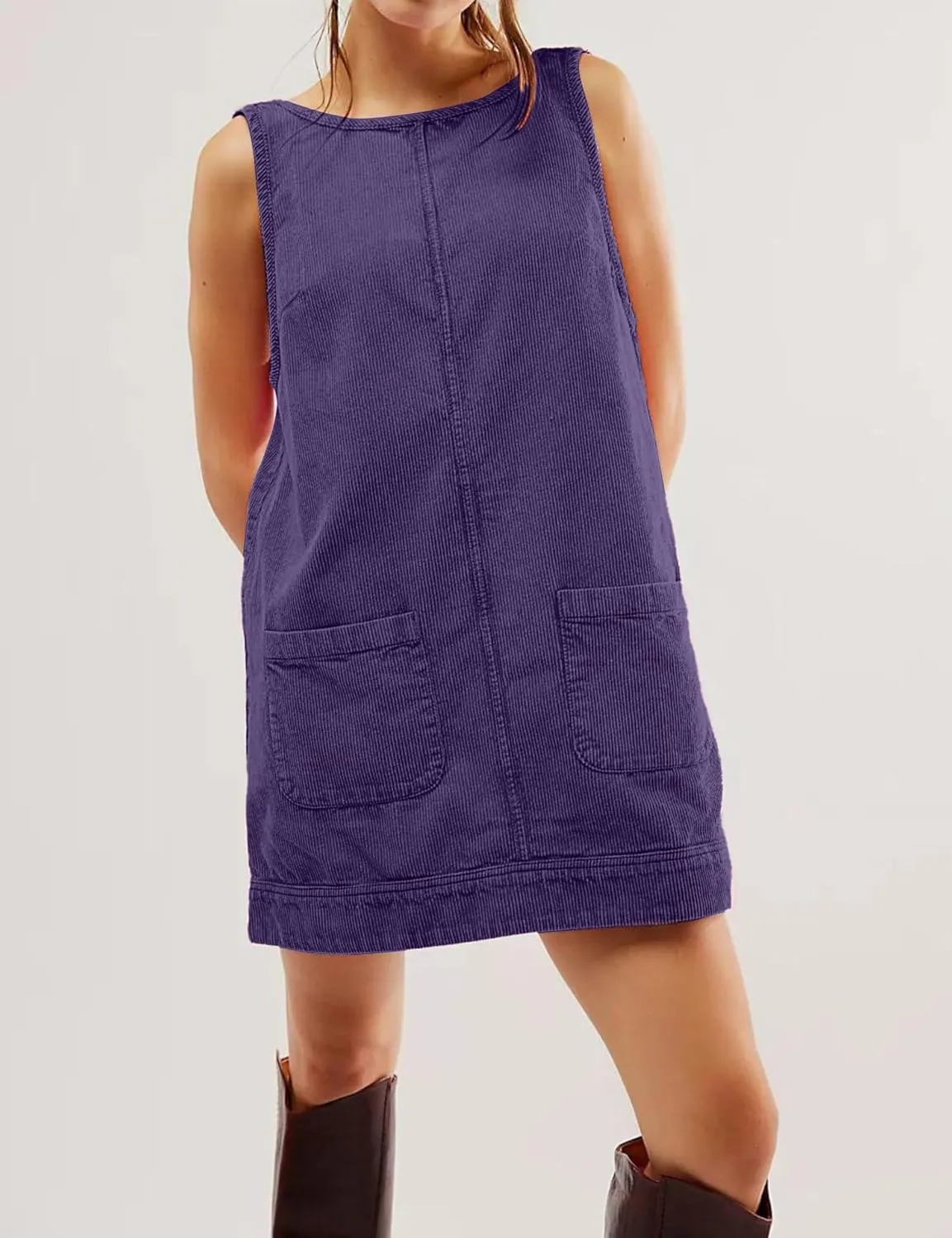 TBA Corduroy Overall Dress for Women Round Neck Skirtall Jumper A Line Mini Romper Pinafore with Pockets
