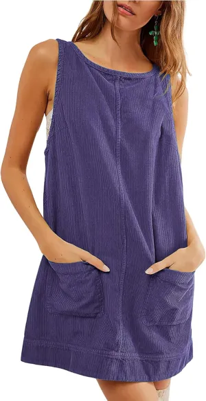 TBA Corduroy Overall Dress for Women Round Neck Skirtall Jumper A Line Mini Romper Pinafore with Pockets