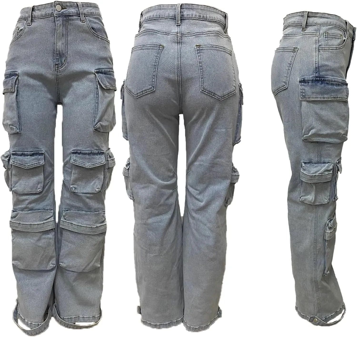 Vakkest High Waisted Cargo Jeans for Women Wide Leg Casual Baggy Trendy Denim Pants with Multi Pockets