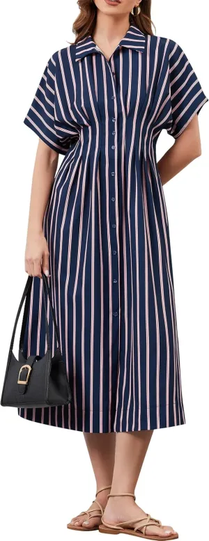 Women Striped Button Front Pleated Maxi Shirt Dress Short Sleeve Collar V Neck Summer Casual Corset Long Dress