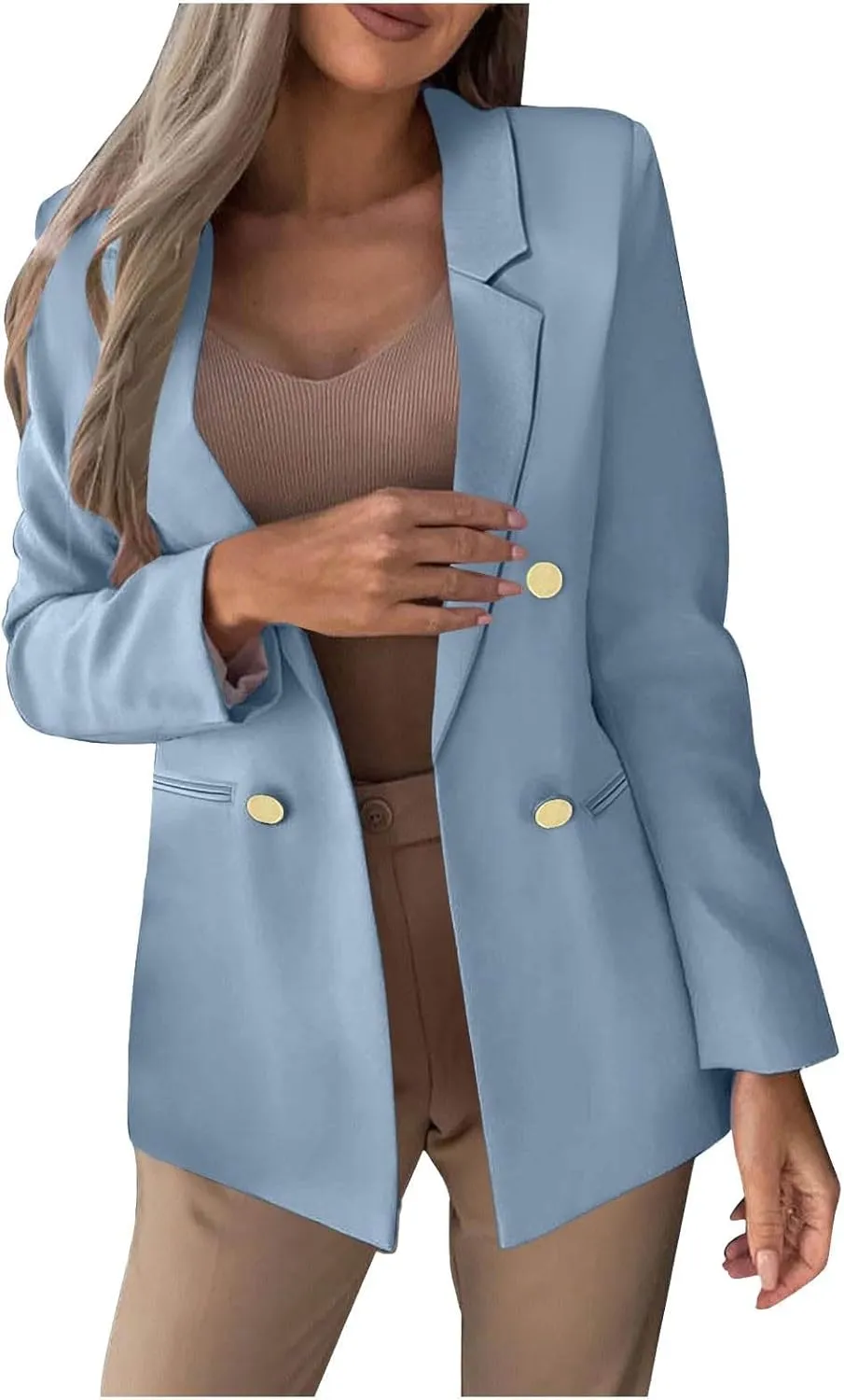 Womens Casual Blazer Jacket Slim Fit Simple Double Breasted Blazers Notched Collar Long Sleeve Work Office Jackets