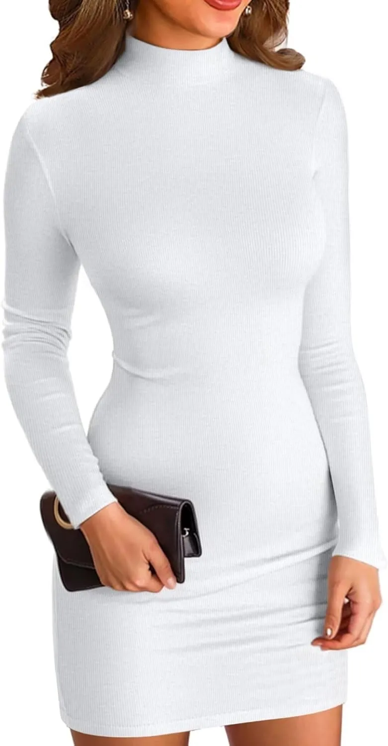 Women's Long Sleeve Mock Turtle Neck Dress Ribbed Knit Bobycon Pencil Dress Slim Fit Sexy Party Mini Dresses