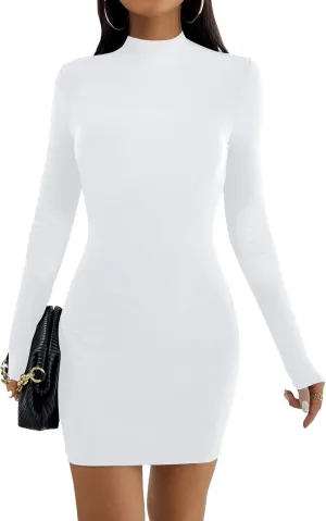 Women's Long Sleeve Mock Turtle Neck Dress Ribbed Knit Bobycon Pencil Dress Slim Fit Sexy Party Mini Dresses