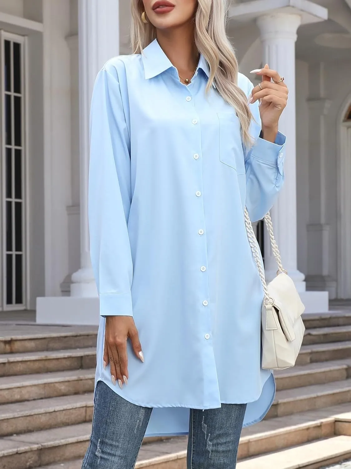 Wowcarbazole Womens Button Down Shirt Dresses Casual Long Sleeve Collared Shirts Oversized Blouse Tops with Pocket