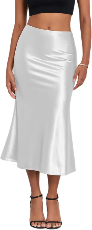 ZAFUL Women Satin Silk Midi Skirts Elegant High Waist Hidden Side Zipper Elastic Waist Flared A Line Skirts