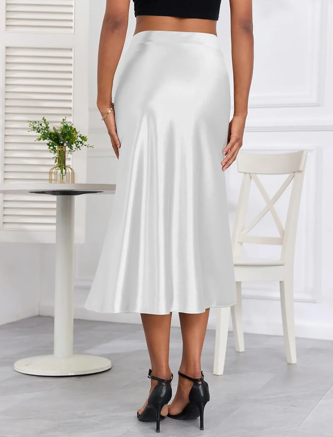 ZAFUL Women Satin Silk Midi Skirts Elegant High Waist Hidden Side Zipper Elastic Waist Flared A Line Skirts