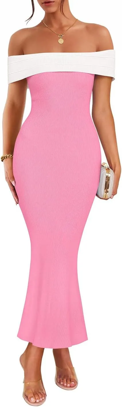 ZESICA Women's 2025 Summer Off The Shoulder Ribbed Knit Sweater Dresses Sleeveless Color Block Party Bodycon Maxi Dress