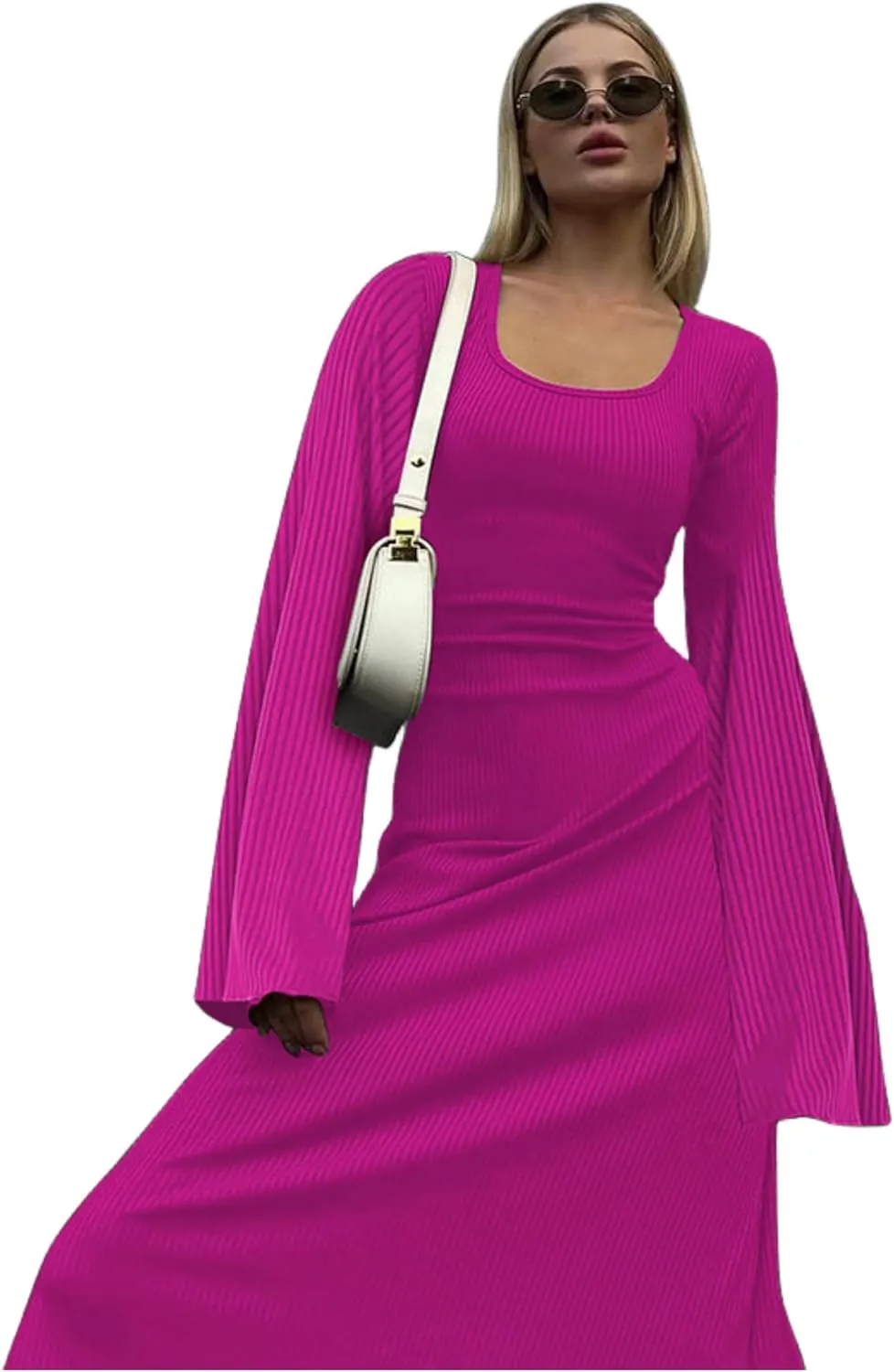 ZGMYC Women's Scoop Neck Lace Up Ribbed Maxi Dress Knit Flare Sleeve Bodycon Dress Loose Casual Long Dresses