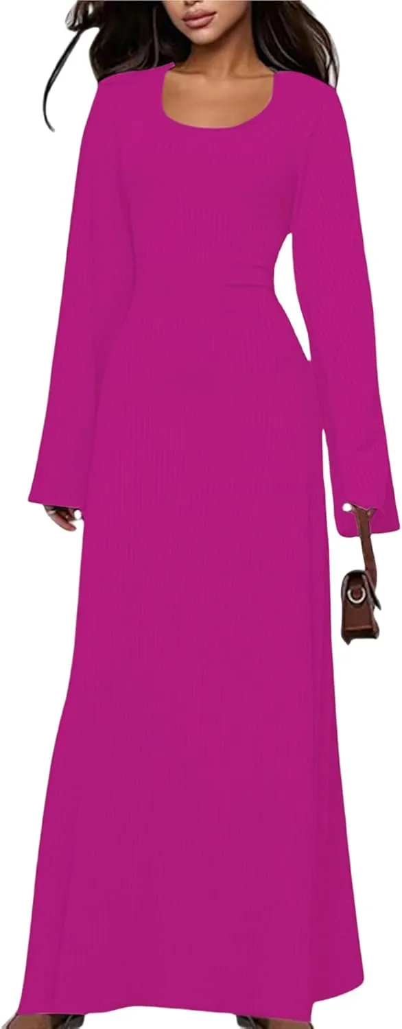 ZGMYC Women's Scoop Neck Lace Up Ribbed Maxi Dress Knit Flare Sleeve Bodycon Dress Loose Casual Long Dresses