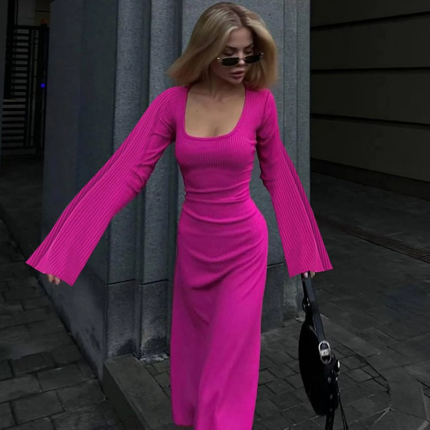ZGMYC Women's Scoop Neck Lace Up Ribbed Maxi Dress Knit Flare Sleeve Bodycon Dress Loose Casual Long Dresses