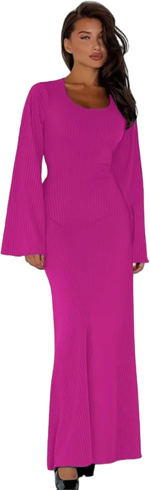 ZGMYC Women's Scoop Neck Lace Up Ribbed Maxi Dress Knit Flare Sleeve Bodycon Dress Loose Casual Long Dresses