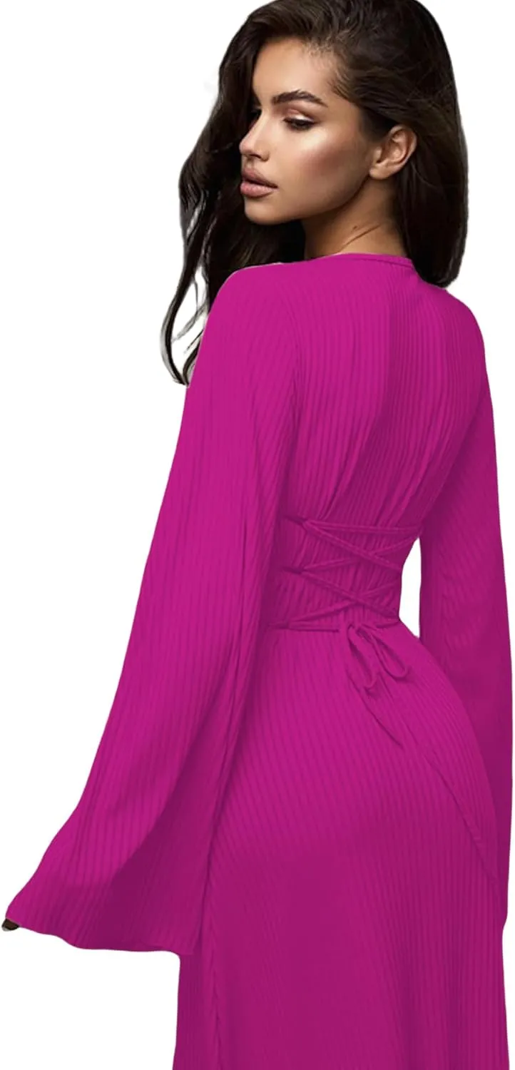 ZGMYC Women's Scoop Neck Lace Up Ribbed Maxi Dress Knit Flare Sleeve Bodycon Dress Loose Casual Long Dresses